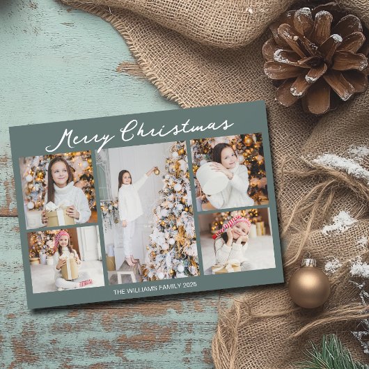 Chic Christmas Family Photo Collage Grey Green Feestdagenkaart