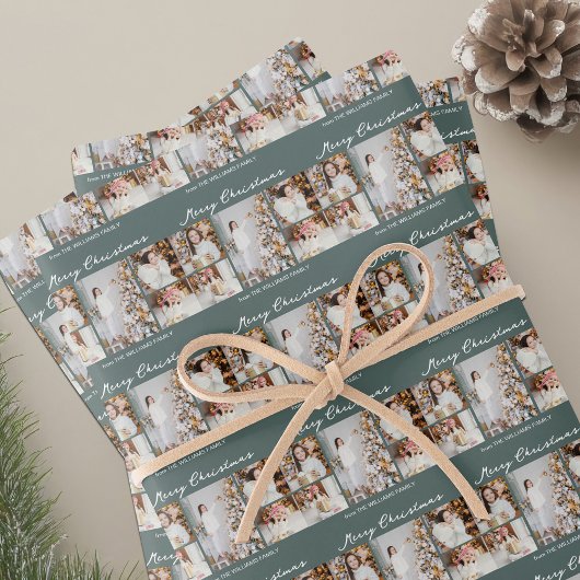 Chic Christmas Family Photo Collage Grey Green Inpakpapier Vel
