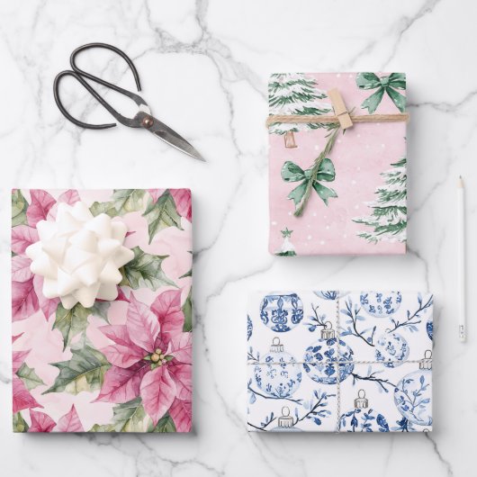 Chic Christmas Pink Poinsettia Bloemen Inpakpapier Vel (Voorkant)