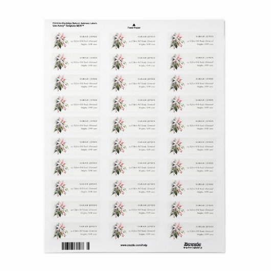 Chic Christmas Poinsettia Berries Foliage Adres Etiket (Full Sheet)