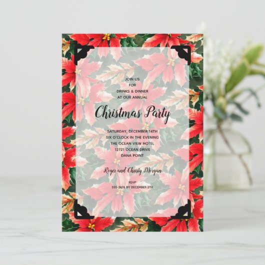 Chic Christmas Poinsettia en Faux Vellum Kaart (Staand voorkant)