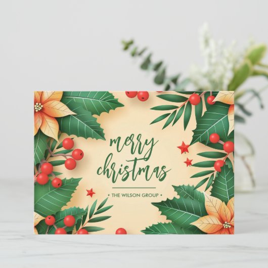 Chic Christmas Poinsettias Business Logo Feestdagenkaart (Staand voorkant)