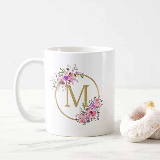 Chic Circle Monogram Waterverf Bloemen & Goudfolie Koffiemok (Met donut)