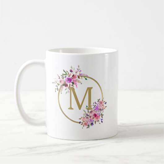 Chic Circle Monogram Waterverf Bloemen & Goudfolie Koffiemok (Links)