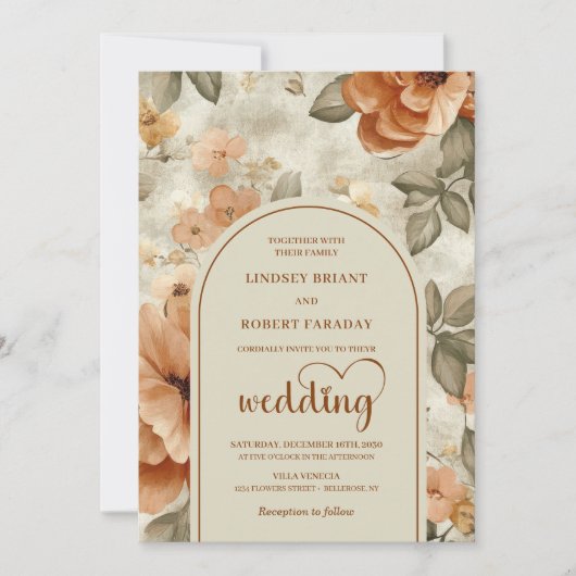 Chic Classic Boho Copper Ivory Sage Floral Wedding Kaart (Voorkant)