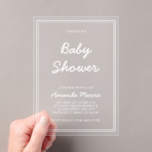 Chic Classic Calligraphy Script Baby shower Acryl Uitnodigingen (Insitu (Draagbaar))