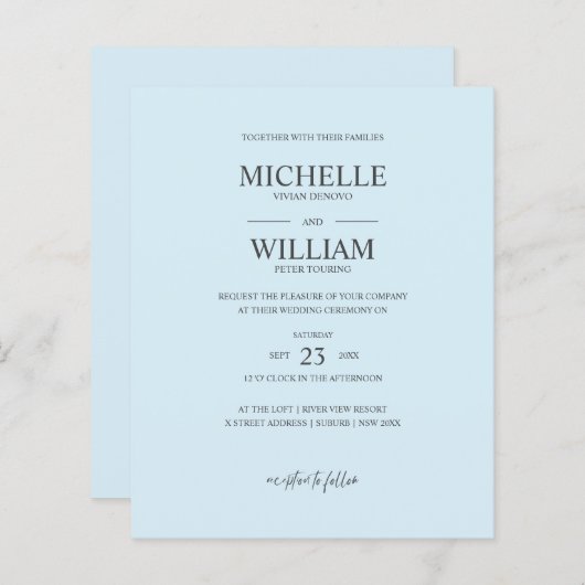 Chic Classic Plain Blue Elegant Budget Weddenschap (Voorkant / Achterkant)