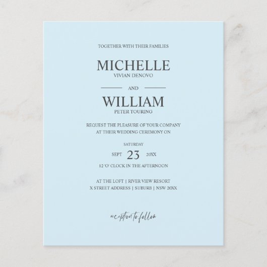 Chic Classic Plain Blue Elegant Budget Weddenschap (Voorkant)