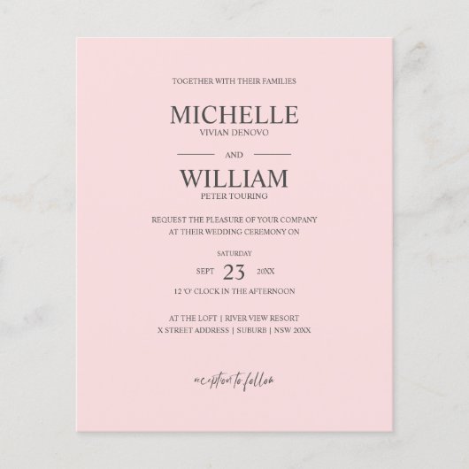 Chic Classic Plain Pink Elegant Budget Weddenschap (Voorkant)