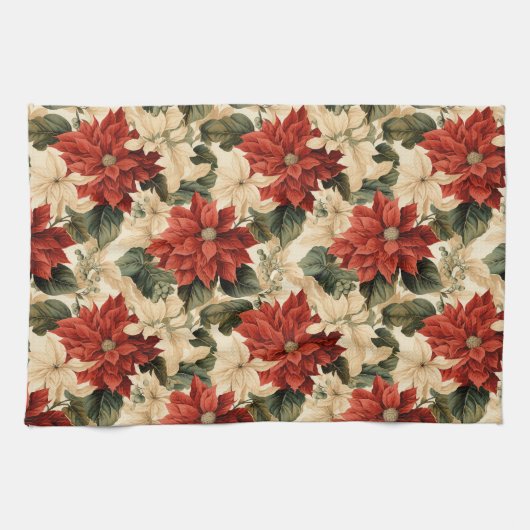 Chic Classic Red and White Poinsettias Christmas  Theedoek (Horizontaal)