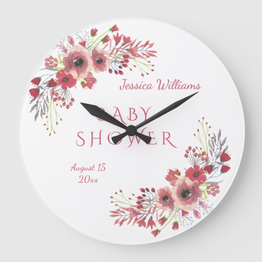 Chic Classy Red Floral Waterverf Baby shower Grote Klok (Voorkant)
