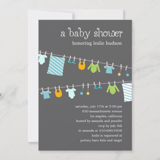Chic Clothesline Baby shower Invitation (Boy) Kaart (Voorkant)