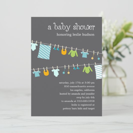 Chic Clothesline Baby shower Invitation (Boy) Kaart (Staand voorkant)