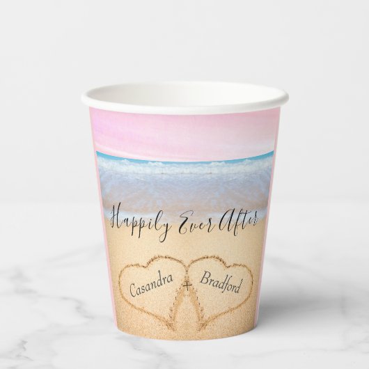 Chic Coastal Licht Roze Strand Trouwen 2 Hart Papieren Bekers (Achterkant)
