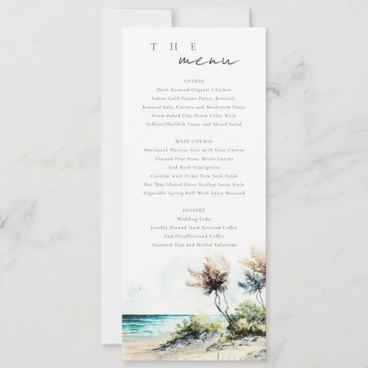 Chic Coastal Palm Beach Seascape Wedding Menu Kaar Kaart (Voorkant)