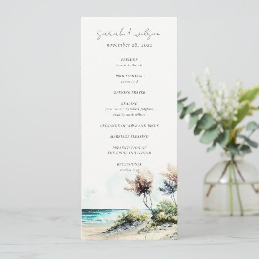 Chic Coastal Palm Beach Seascape Wedding Programme Kaart (Staand voorkant)