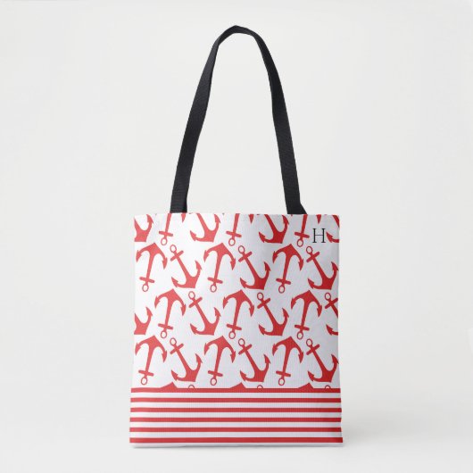 Chic Coastal Red Anchor Pattern Monogram Tote Bag (Voorkant)