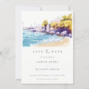 Chic Coastal Sand Beach Rocky Seascape Waterverf Save The Date