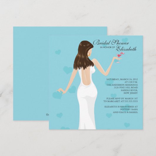 Chic Cocktail Bride Bridal Shower Invitation Blue Kaart (Voorkant / Achterkant)