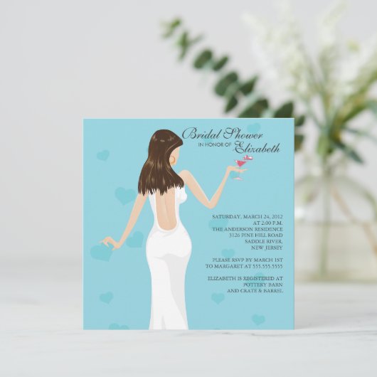 Chic Cocktail Bride Bridal Shower Invitation Blue Kaart (Staand voorkant)