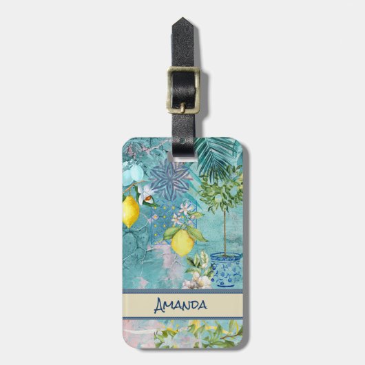 Chic collage blauw turquoise Siciliaanse citrus bl Bagagelabel (Voorkant verticaal)