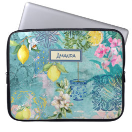 Chic collage blauw turquoise Siciliaanse citrus bl Laptop Sleeve