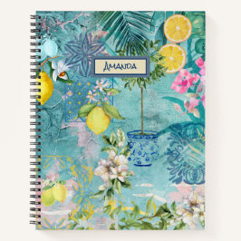 Chic collage blauw turquoise Siciliaanse citrus bl Notitieboek