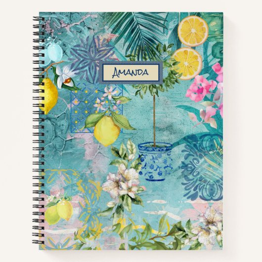 Chic collage blauw turquoise Siciliaanse citrus bl Notitieboek (Voorkant)