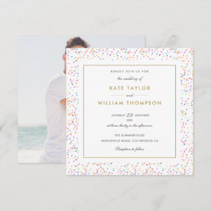 Chic Colorful Rainbow Confetti Photo Wedding Kaart