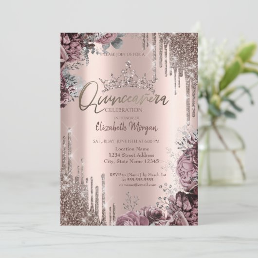 Chic Cool Glitter Crown Drop Dark Roses Kaart (Staand voorkant)