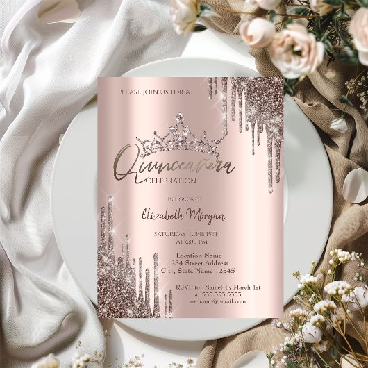 Chic Cool Glitter Crown Drop Quinceañera Kaart