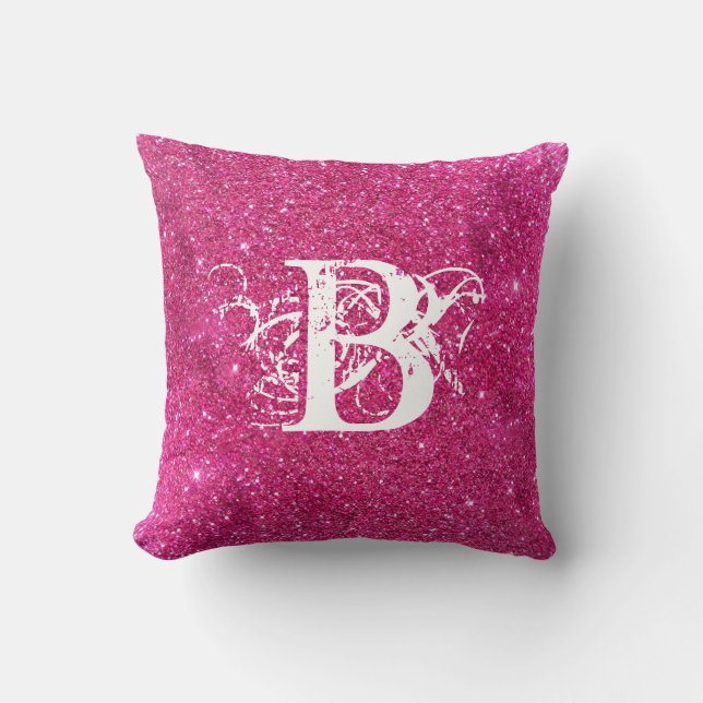 Chic Cool Pink Glitter White Initiaal Monogram Kussen (Voorkant)