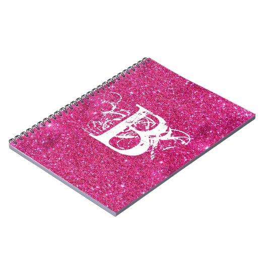 Chic Cool Pink Glitter White Initiaal Monogram Notitieboek (Linkerzijde)