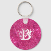 Chic Cool Pink Glitter White Initiaal Monogram Sleutelhanger (Voorkant)