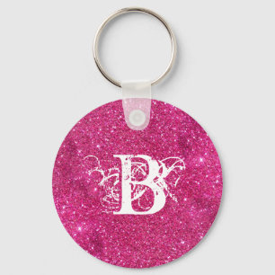 Chic Cool Pink Glitter White Initiaal Monogram Sleutelhanger