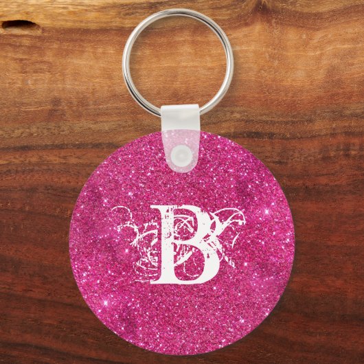 Chic Cool Pink Glitter White Initiaal Monogram Sleutelhanger (Achterkant)
