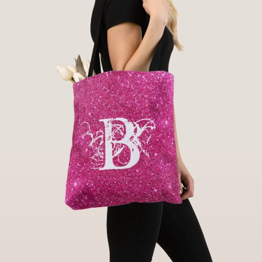 Chic Cool Pink Glitter White Initiaal Monogram Tote Bag (Dichtbij)
