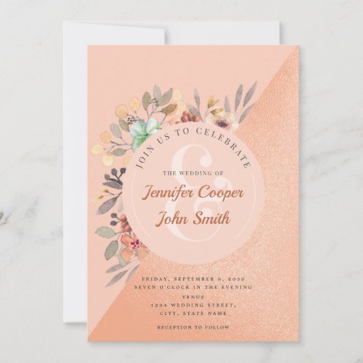 Chic Copper Waterverf Floral Wedding Kaart (Voorkant)