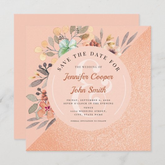 Chic Copper Waterverf Floral Wedding Save The Date (Voorkant / Achterkant)