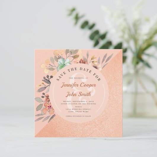 Chic Copper Waterverf Floral Wedding Save The Date (Staand voorkant)