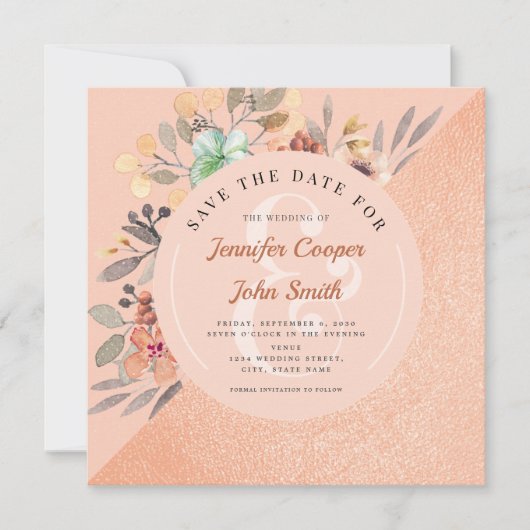 Chic Copper Waterverf Floral Wedding Save The Date (Voorkant)