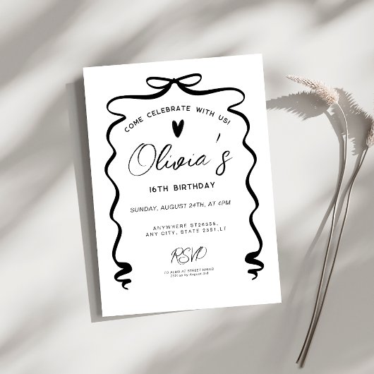 Chic coquette Black Bow 16th Birthday Party Kaart