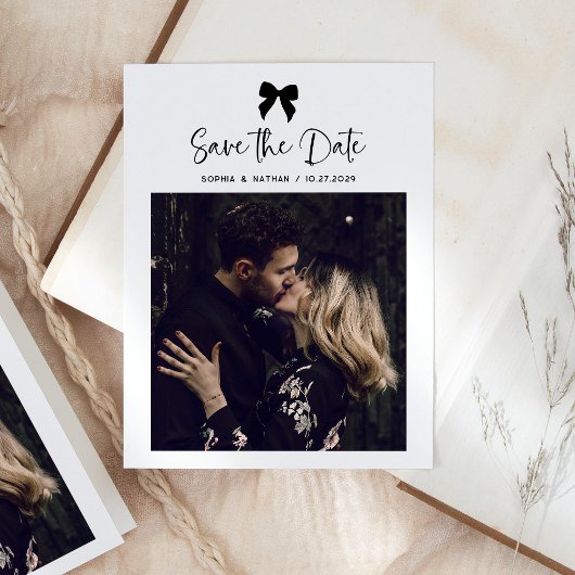 Chic Coquette Bow and Photo | Save the Date Aankondigingskaart