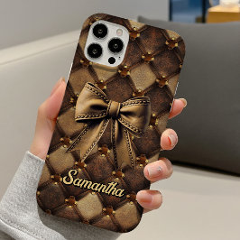 Chic coquette bow faux leather monogram  iPhone 16 hoesje