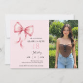 Chic Coquette Bow Photo Birthday Party Invitation Kaart (Voorkant)