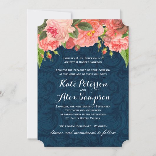 Chic Coral and Navy Blue Wedding Invitation Kaart (Voorkant)