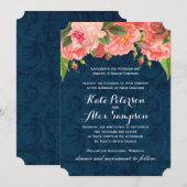 Chic Coral and Navy Blue Wedding Invitation Kaart (Voorkant / Achterkant)