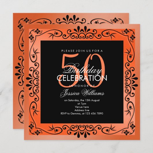 Chic Coral Decorative Framed 50th Birthday Kaart (Voorkant / Achterkant)