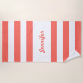 Chic Coral en White Stripes, gepersonaliseerd Strandlaken (Voorkant)