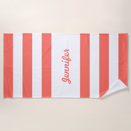 Chic Coral en White Stripes, gepersonaliseerd Strandlaken (Voorkant)